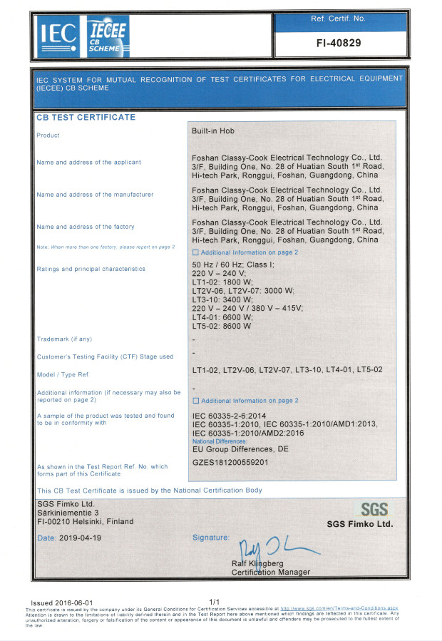 China Foshan Classy-Cook Electrical Technology Co. Ltd. Certificações